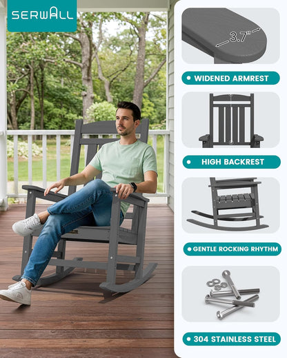 SERWALL Outdoor Rocking Chair, HDPE Patio Rocking Chair All-Weather Porch Rocker for Balcony, Yard, Gray