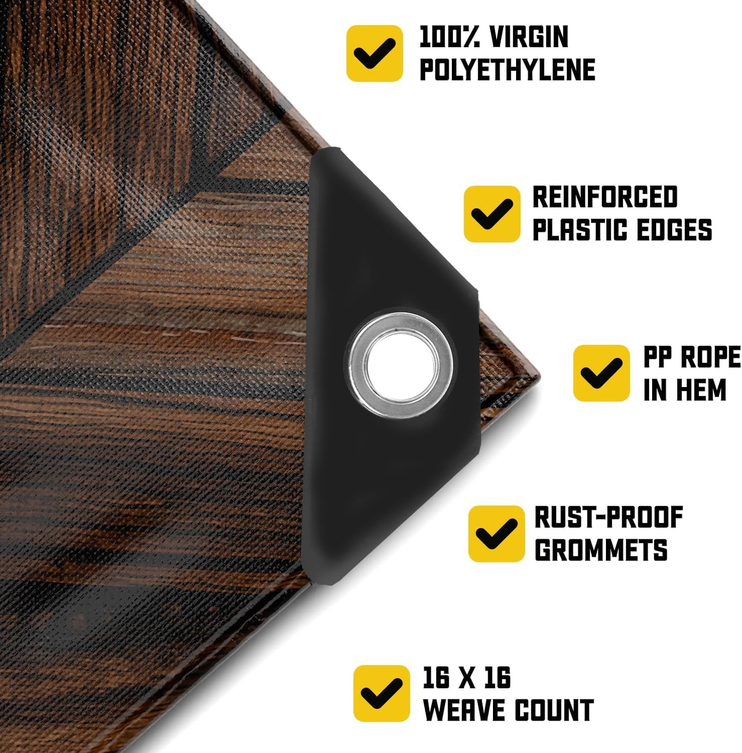 Core Tarps Extreme Heavy Duty 20 Mil Tarp Cover, Waterproof, UV Resistant, Rip and Tear Proof, Poly Tarpaulin with Reinforced Edges for Roof, Camping, Patio, Pool, Boat (Brown Wood/Black 10′ X 10′)