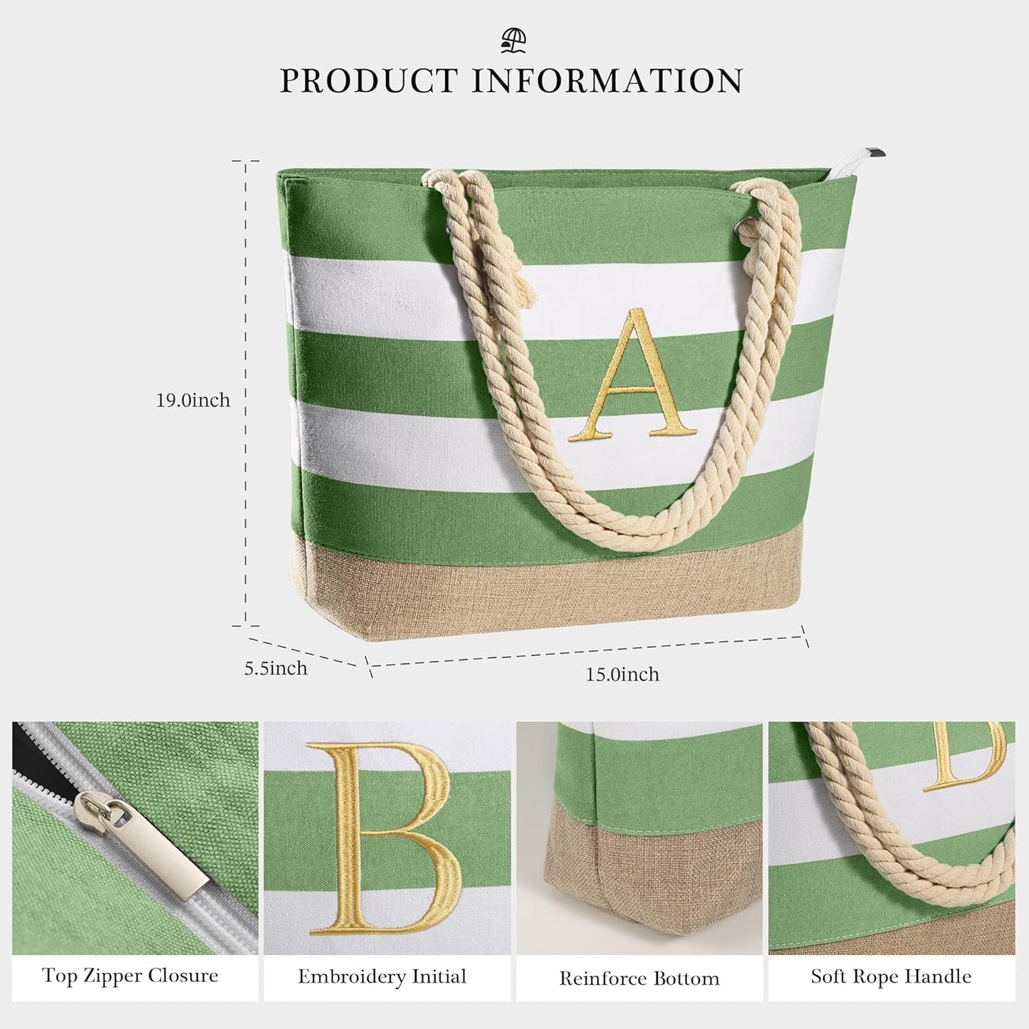 YOOLIFE Initial Canvas Waterproof Beach Tote Bag Zipper Personalized Gifts for Women Her Birthday Travel Beach Essential