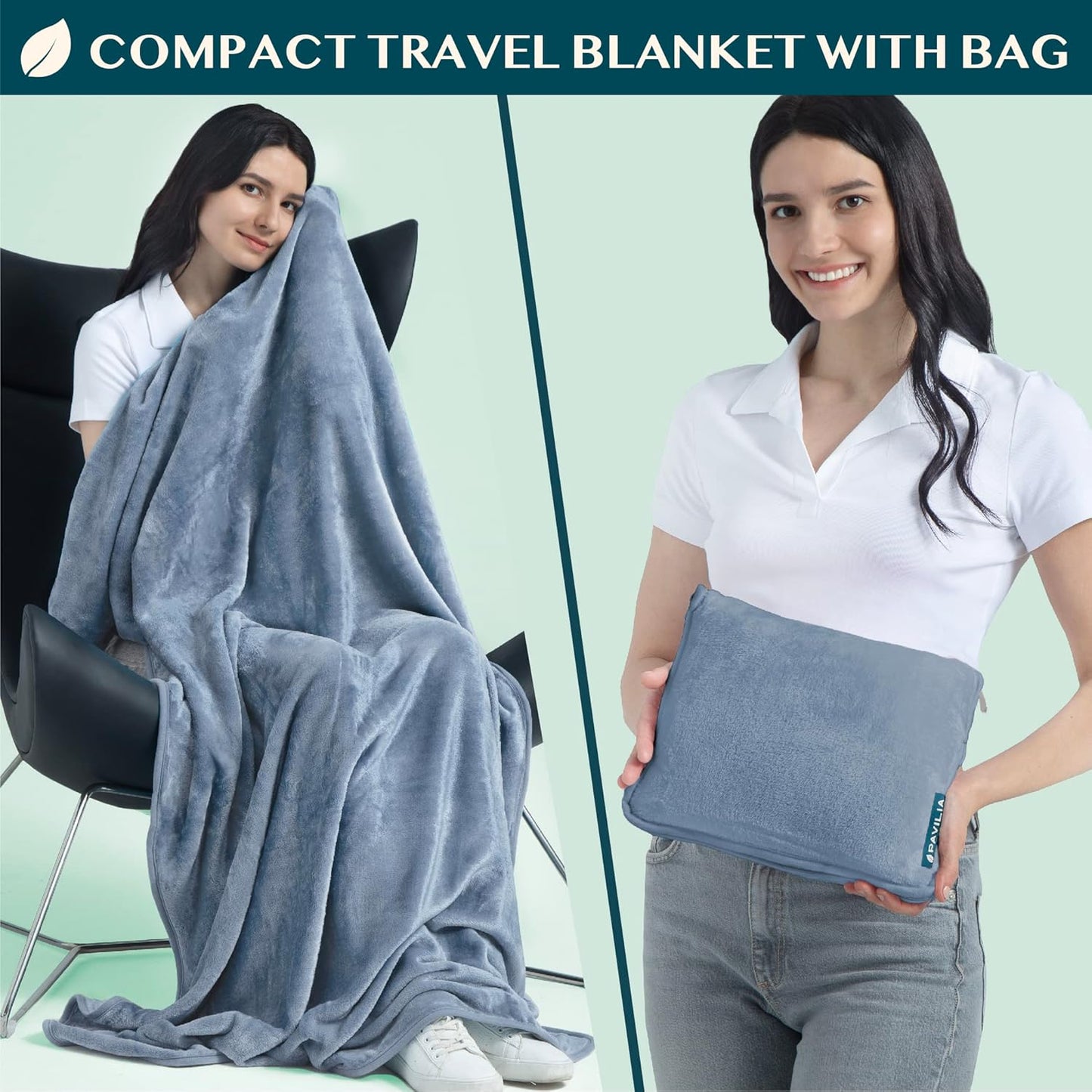 PAVILIA Travel Blanket Pillow, Soft Airplane Blanket 2-IN-1 Combo Set, Plane Blanket Compact Packable, Flight Essentials Car Pillow, Travelers Gift Accessories Luggage Backpack Strap, 60x43 Slate Blue