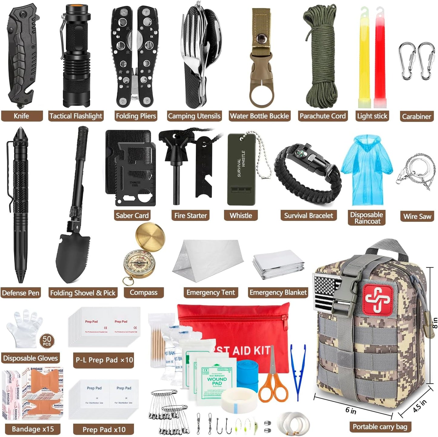 238Pcs Emergency Survival Kit and First Aid Kit, Professional Survival Gear Tool with Tactical Molle Pouch and Emergency Tent for Earthquake, Outdoor Adventure, Camping, Hiking, Hunting