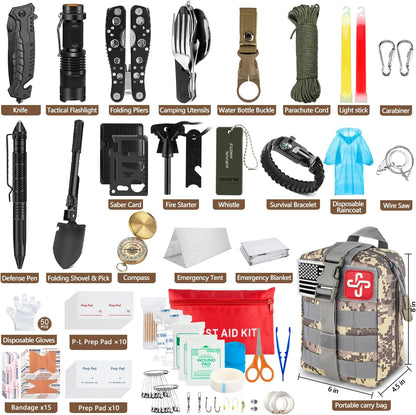 238Pcs Emergency Survival Kit and First Aid Kit, Professional Survival Gear Tool with Tactical Molle Pouch and Emergency Tent for Earthquake, Outdoor Adventure, Camping, Hiking, Hunting