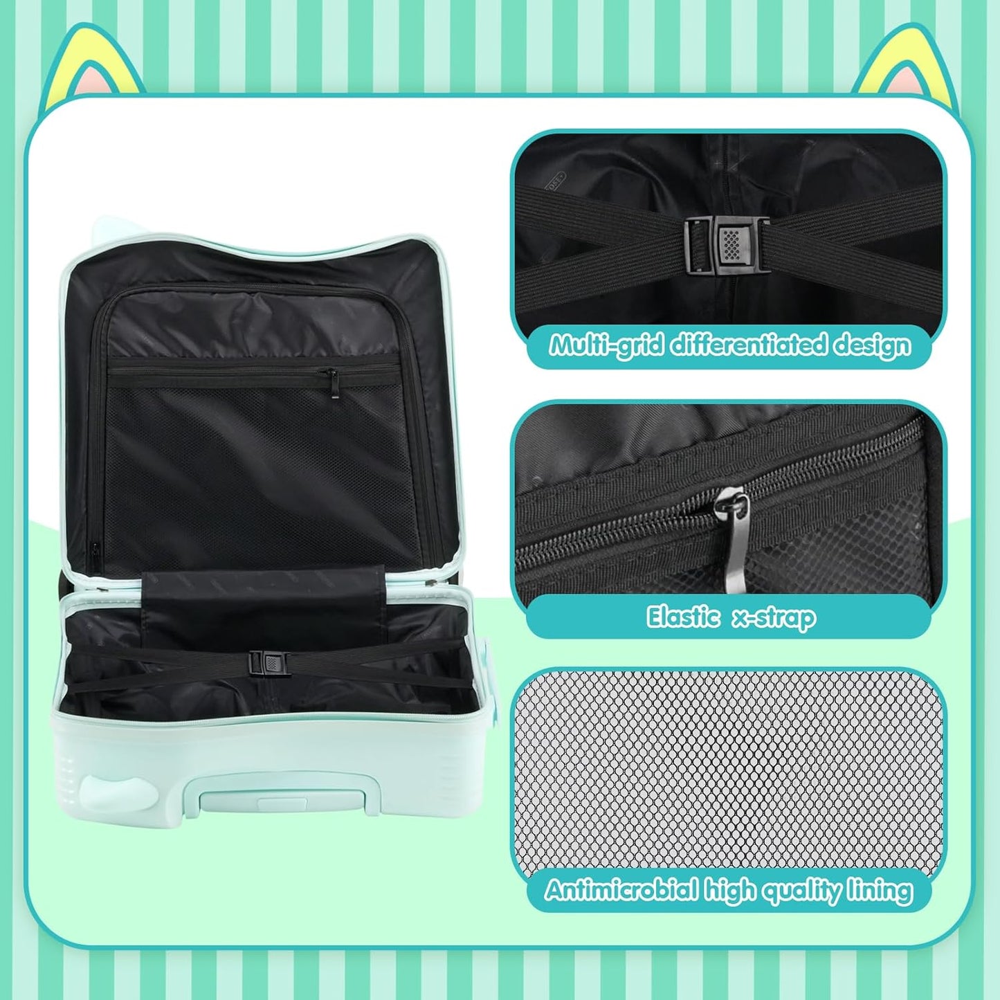 20" Ride-On Travel Suitcase for Kids, Cute Ear Toddler Carry on Luggage with Spinner Wheels, Children Rolling Trolly Luggage with Combination Lock (Green)