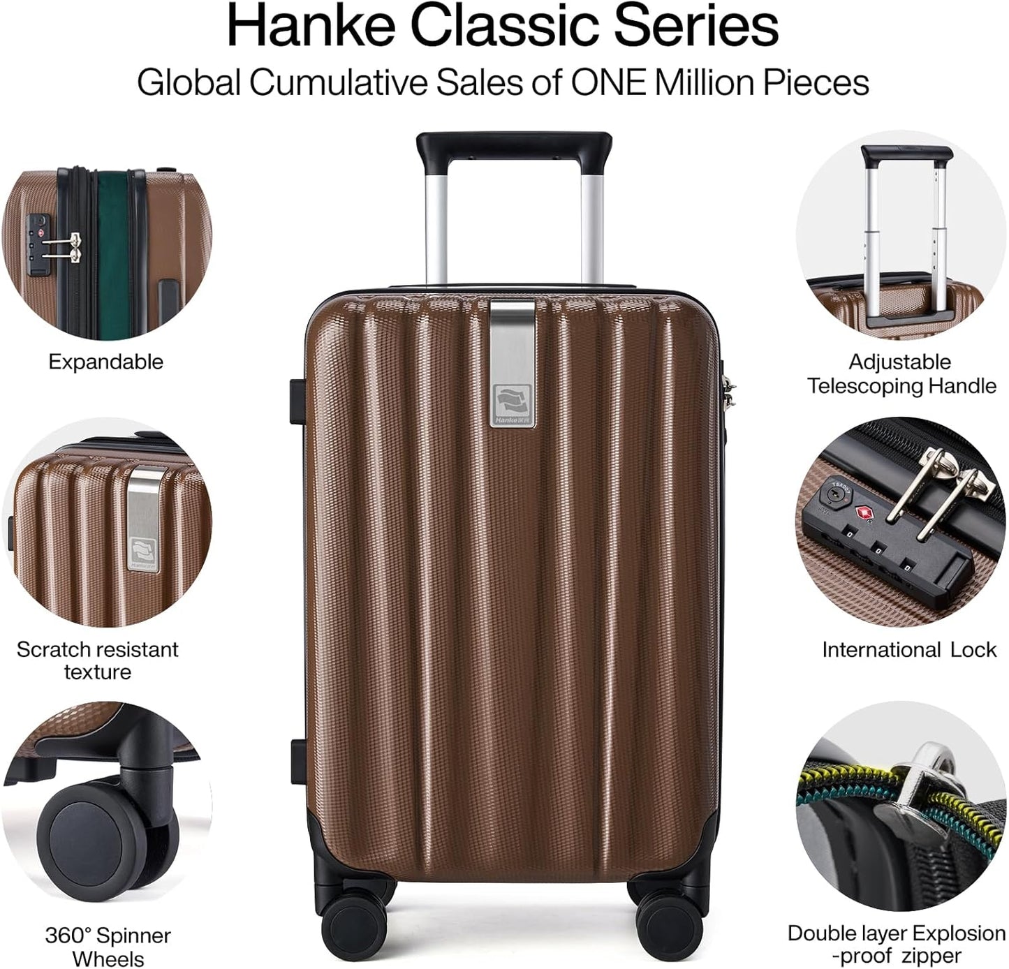 Hanke Expandable Hardshell Luggage Sets 3 piece Carry On Luggage with Wheels Suitcases Lightweight Checked Tsa Luggage Rolling Large Suitcase Travel Luggage Bag Woman Men 20/24/29 Inch(Brown)