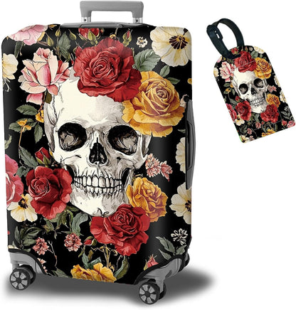 Luggage Cover Suitcase Protector Plus 1 Luggage Tag, Sugar Rose Skull Travel Suitcase Cover for 26-28 inch Luggage (L) with Concealed Zipper Washable Elastic Cloth Dustproof Anti-Scratch