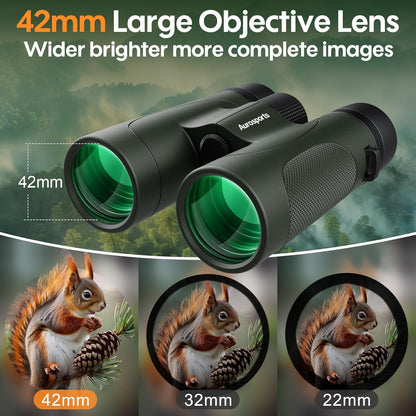 12x42 Binoculars for Adults High Powered: Waterproof HD Bird Binoculars - Large View Easy Focus with Clear Low Light Vision for Hunting Hiking Bird Watching Travel Cruise Green