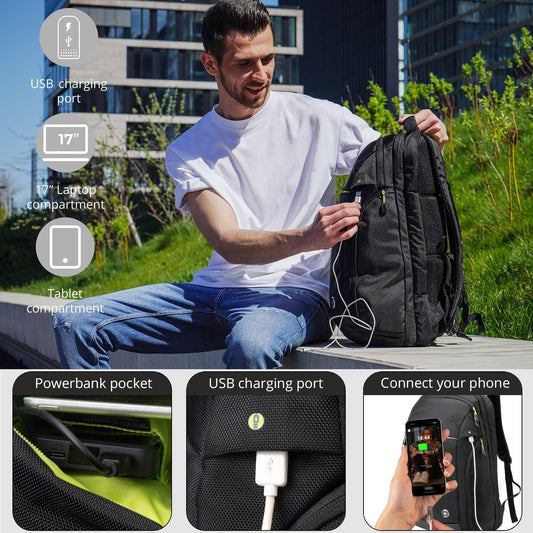 Swissdigital Design Large Travel Backpack for Men & Women,17 Inch Big Laptops Backpack with USB Charging Porert, Carry on Business Anti-thief Computer Backpack With RFID Protection, Black| JAVA