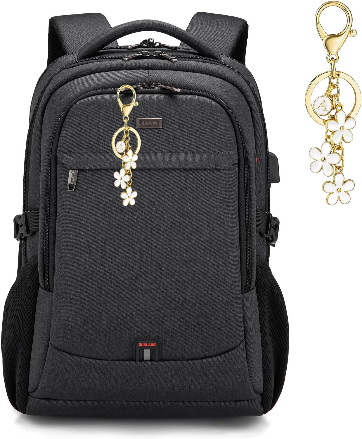 DUSLANG 17 Inch Laptop Backpack for Travel Water Resistant College Backpack for Men/Women Laptop Bag with USB Charging Port and Flower Keychain for backpack, Black