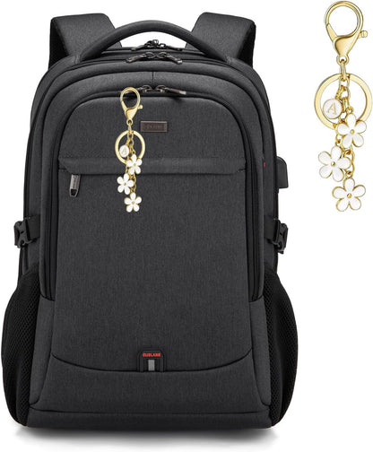 DUSLANG 17 Inch Laptop Backpack for Travel Water Resistant College Backpack for Men/Women Laptop Bag with USB Charging Port and Flower Keychain for backpack, Black