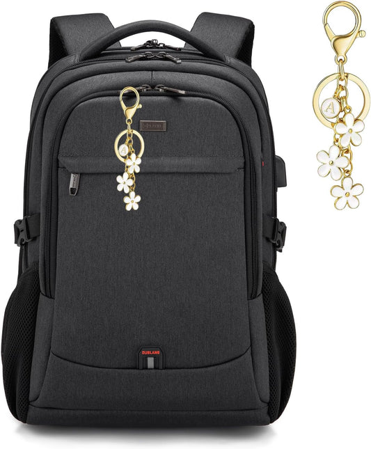 DUSLANG 17 Inch Laptop Backpack for Travel Water Resistant College Backpack for Men/Women Laptop Bag with USB Charging Port and Flower Keychain for backpack, Black