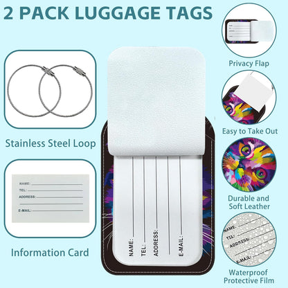 Colorful Cat Luggage Tag for Suitcase Set of 2 PU Leather Cute Luggage Tags with Stainless Metal Loop ID Label Privacy Flap Suitcase Tags for Women and Men Travel