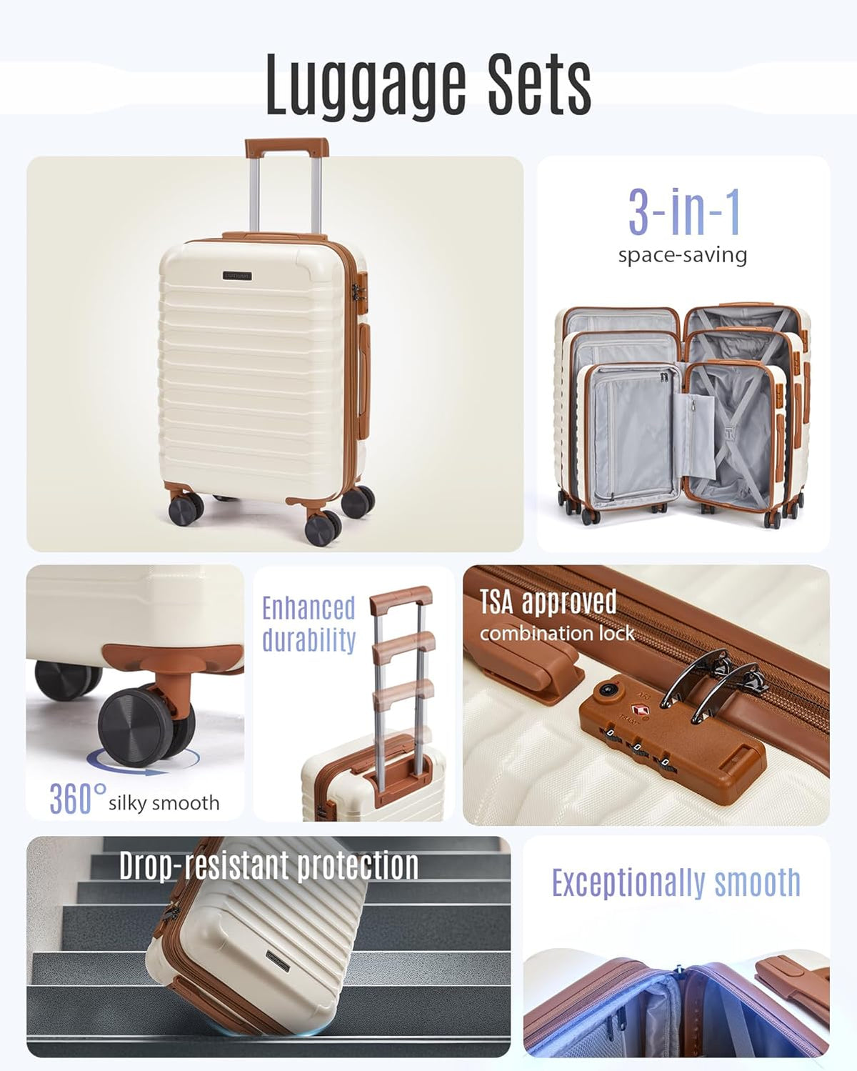 LIGHT FLIGHT Luggage Sets, 3 Piece Durable Suitcase Set with Spinner Wheels, 3 Pcs Hardside Lightweight luggage with TSA Lock, Large Checked Travel Suitcases, 20/24/28 Inch,White