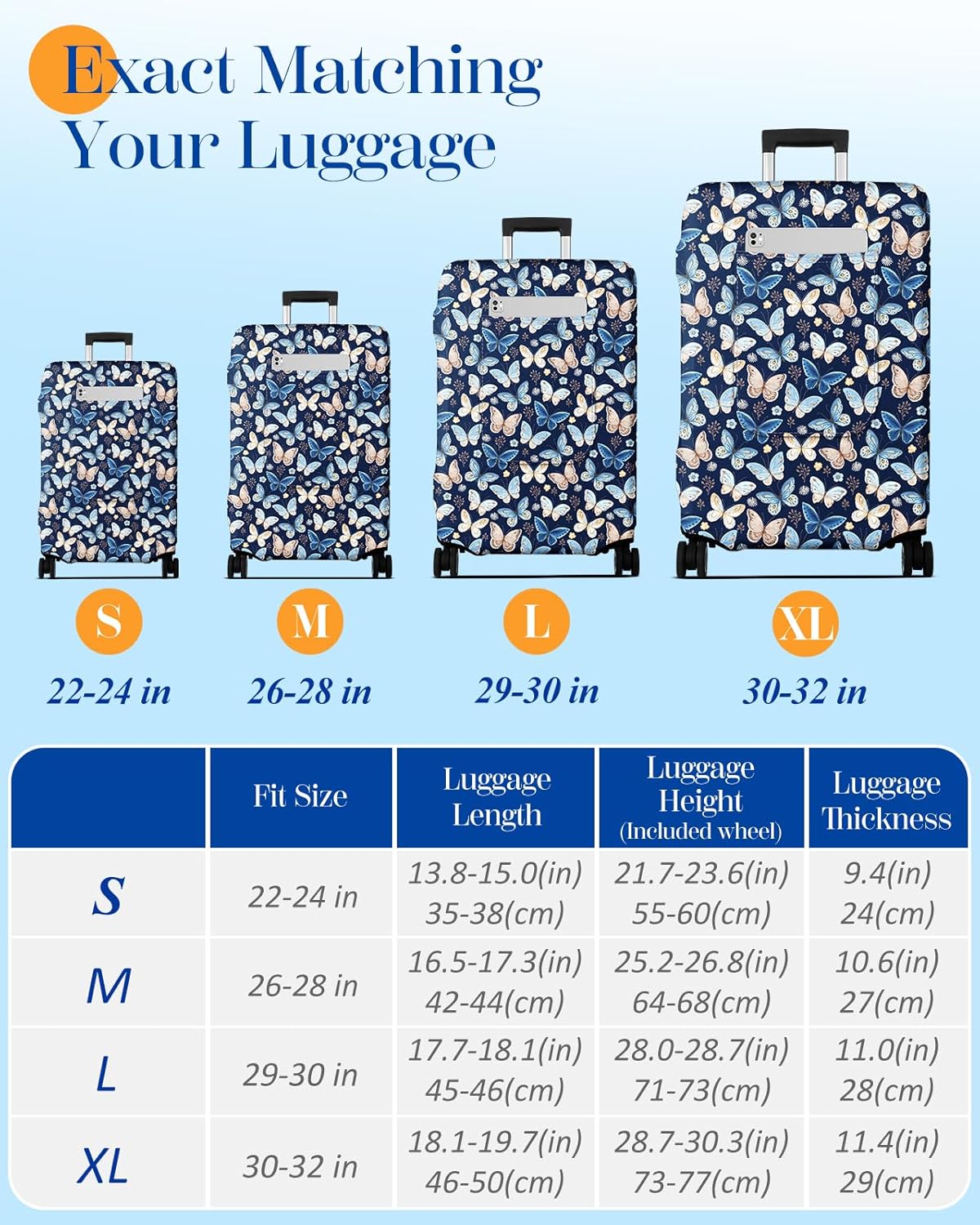 Slohif Luggage Cover for Suitcase Tsa Approved Protector - Luggage Sleeve Large Suit Case Cover Travel Stretch Baggage Case Protective Washable Fit 18-20 Inch Blue Butterfly XS