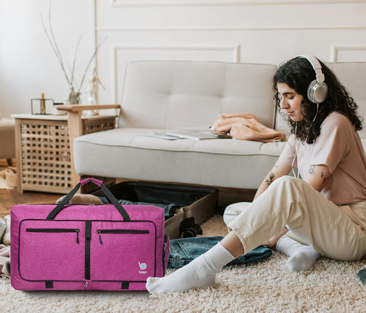 Bago Foldable Duffel Bags for Traveling Women & Men - 60L Medium Packable Duffle Bag for Travel with Shoe Compartment - Water Repellant, Heavy Duty, Lightweight Folding & Collapsible (SnowPink)