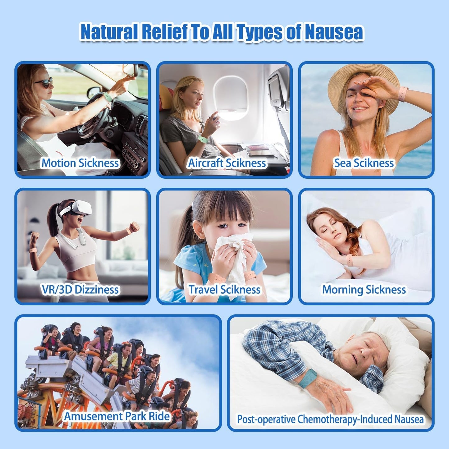 Hion Motion Sickness Bracelets Sea Sickness Wristbands for Motion Sickness/Morning Sickness/Pregnancy Nausea Anti Nausea Wristband Acupressure Nausea Bands Motion Sickness Bands（2Pairs-Bule+Pink）