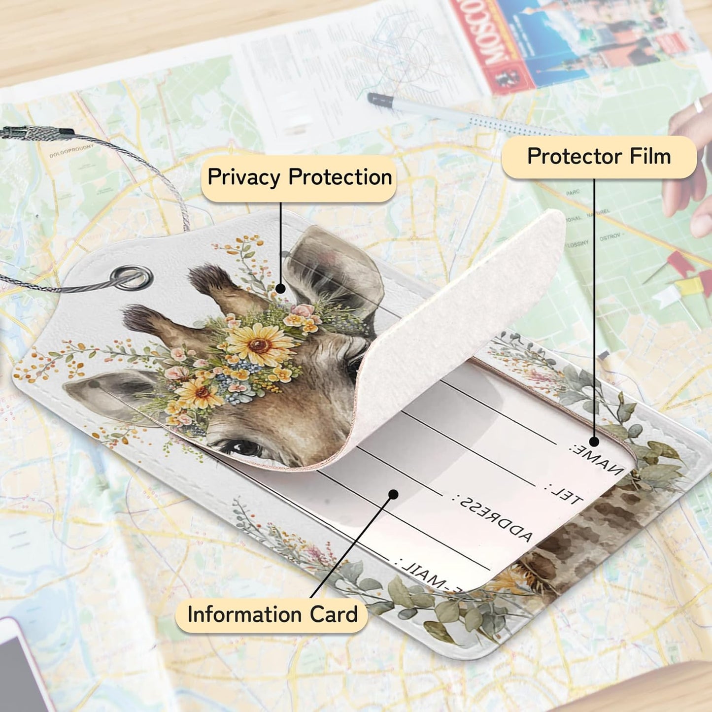 Cute Giraffe Luggage Tags for Suitcase,3 Pack Funny Luggage Tag Leather Privacy Cover ID Label with Stainless Steel Loop for Women Men