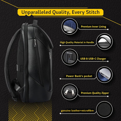 Durable Leather Laptop Business Backpack Perfect for Men & Women, Work Backpack Fits 15.6 Inch, Premium Quality Travel Bag with USB Charging Port, Water-Resistant, Bookbag with Multiple Pockets
