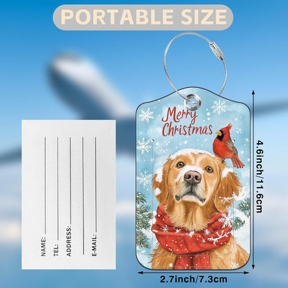 Set of 2 Christmas Dog and Red Cardinal Luggage Tags for Suitcases Leather Suitcase Tags Identifiers with Privacy Name Address Label and Stainless Steel Loop for Women Men Travel Luggage Accessories