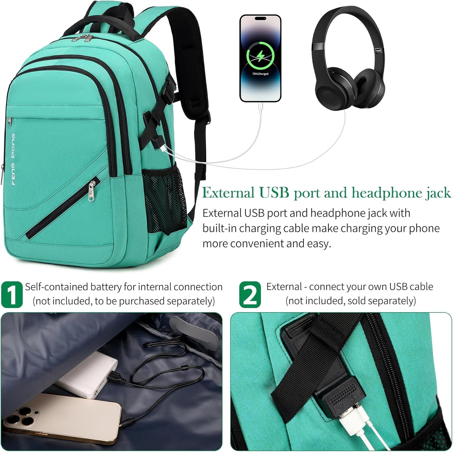 FENGDONG 17.3 inch Large Laptop Backpack Durable Waterproof Travel College Backpack Bookbag for Men & Women Business Backpack with USB Charging Port,Headset Port Light Green