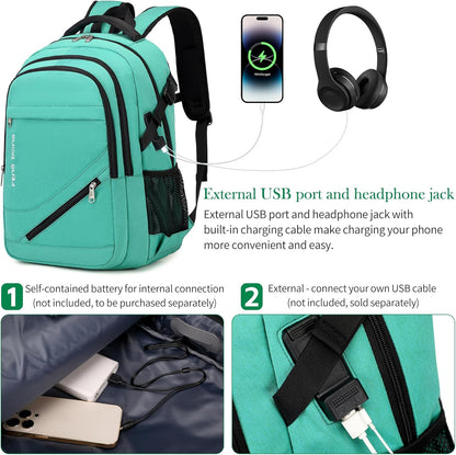 FENGDONG 17.3 inch Large Laptop Backpack Durable Waterproof Travel College Backpack Bookbag for Men & Women Business Backpack with USB Charging Port,Headset Port Light Green