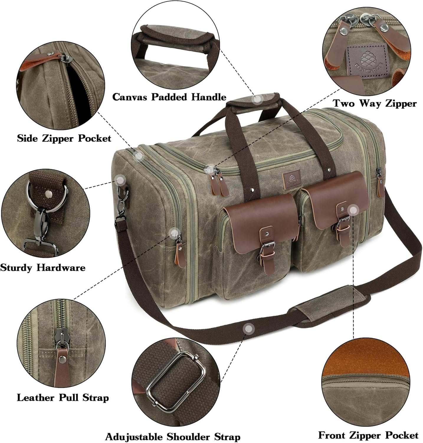 Waxed Canvas Duffle Bag for Men 50L Travel Duffel Bags Expandable Genuine Leather Duffel Overnight Weekender Carry On Bag Two Zipper Pockets Travel Bag (Vintage Grey, Large-50L)