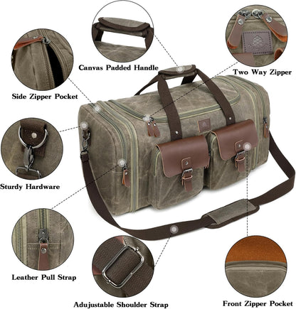 Waxed Canvas Duffle Bag for Men 50L Travel Duffel Bags Expandable Genuine Leather Duffel Overnight Weekender Carry On Bag Two Zipper Pockets Travel Bag (Vintage Grey, Large-50L)