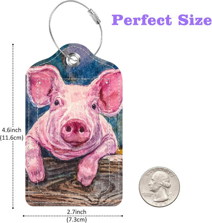 Set of 2 Luggage Tags Cute Baby Piggy Leather Suitcases Tag with Privacy Cover Stainless Steel Loop and Address Card for Women Men Travel
