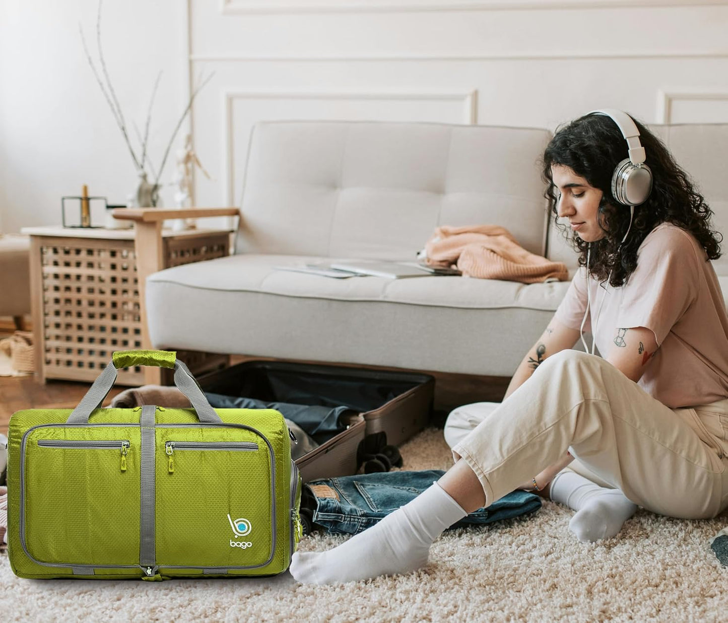 Bago Foldable Duffel Bags for Traveling Women & Men - 40L Sports Packable Duffle Bag for Travel with Shoe Compartment - Water Repellant, Heavy Duty, Lightweight Folding & Collapsible (Green)