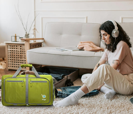 Bago Foldable Duffel Bags for Traveling Women & Men - 40L Sports Packable Duffle Bag for Travel with Shoe Compartment - Water Repellant, Heavy Duty, Lightweight Folding & Collapsible (Green)