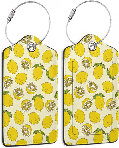 2 Pack Luggage Tag for Suitcase,Yellow Lemon Leather Bag Tags Identifiers Privacy Cover ID Label with Durable Steel Loop for Women Men Kids Girls Travel