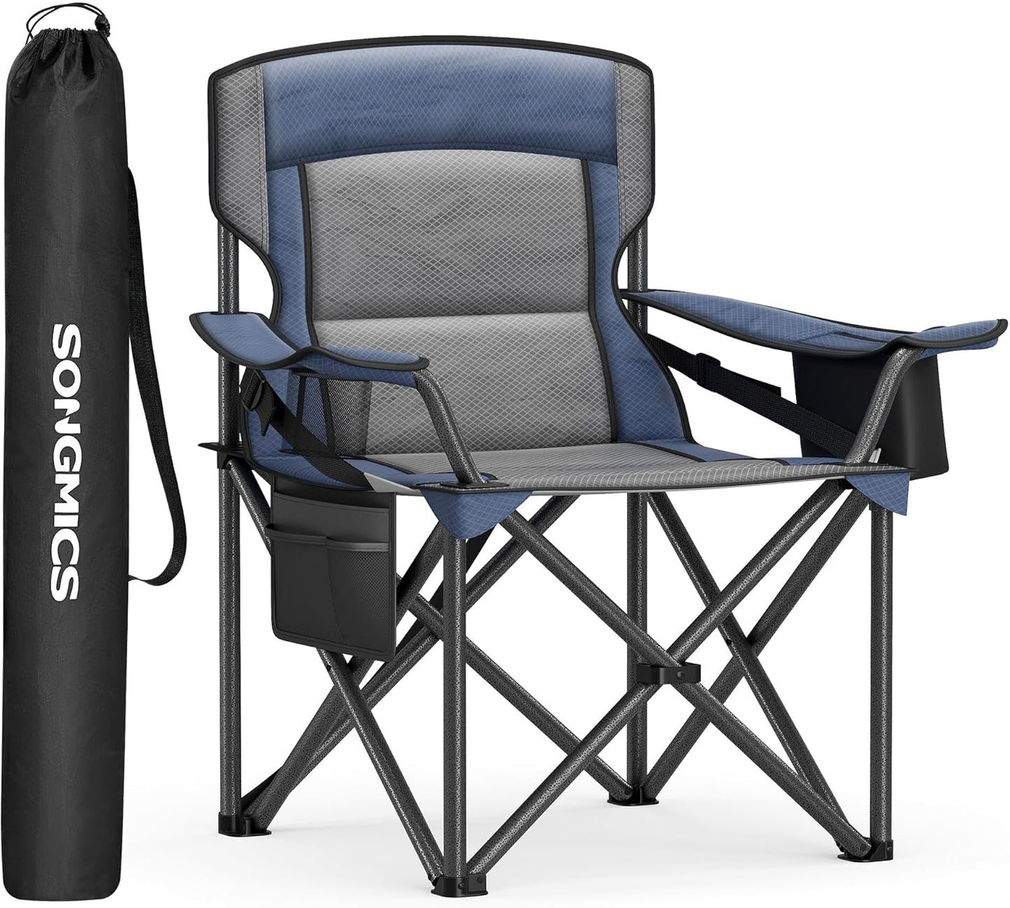 SONGMICS Oversized Lumbar Support Camping Chair, Heavy-Duty Outdoor Folding Chair Comfortable, Padded, Glamping, Cooler Bag, Weight Capacity 450 lb, Harbor Blue UGCB066Q01