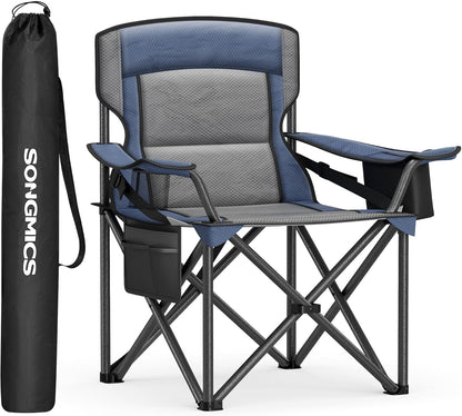 SONGMICS Oversized Lumbar Support Camping Chair, Heavy-Duty Outdoor Folding Chair Comfortable, Padded, Glamping, Cooler Bag, Weight Capacity 450 lb, Harbor Blue UGCB066Q01