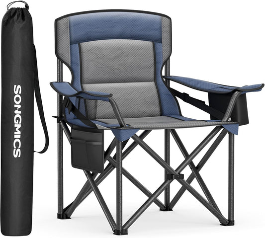 SONGMICS Oversized Lumbar Support Camping Chair, Heavy-Duty Outdoor Folding Chair Comfortable, Padded, Glamping, Cooler Bag, Weight Capacity 450 lb, Harbor Blue UGCB066Q01