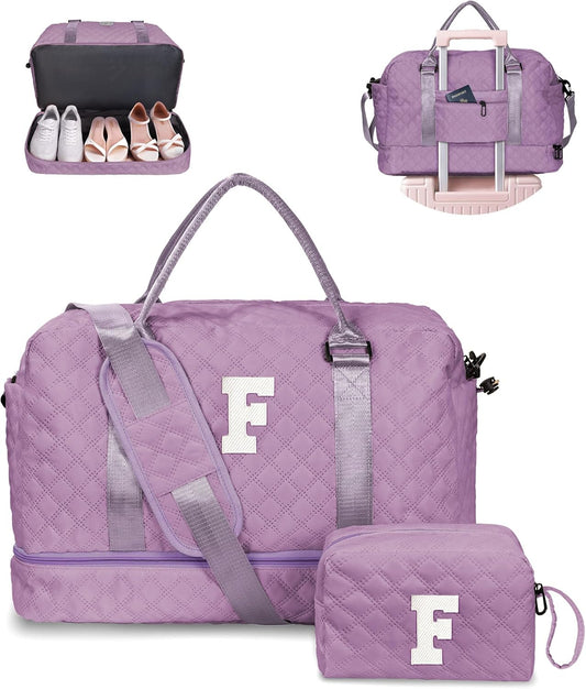 Gifts for Mom-Initial Duffle Bag with Shoe Compartment, Personalized Weekender Bag, Monogram Overnight Bag, Letter Travel Bag with Makeup Bag，Personalized Gifts Idea for Women Her (Letter F)