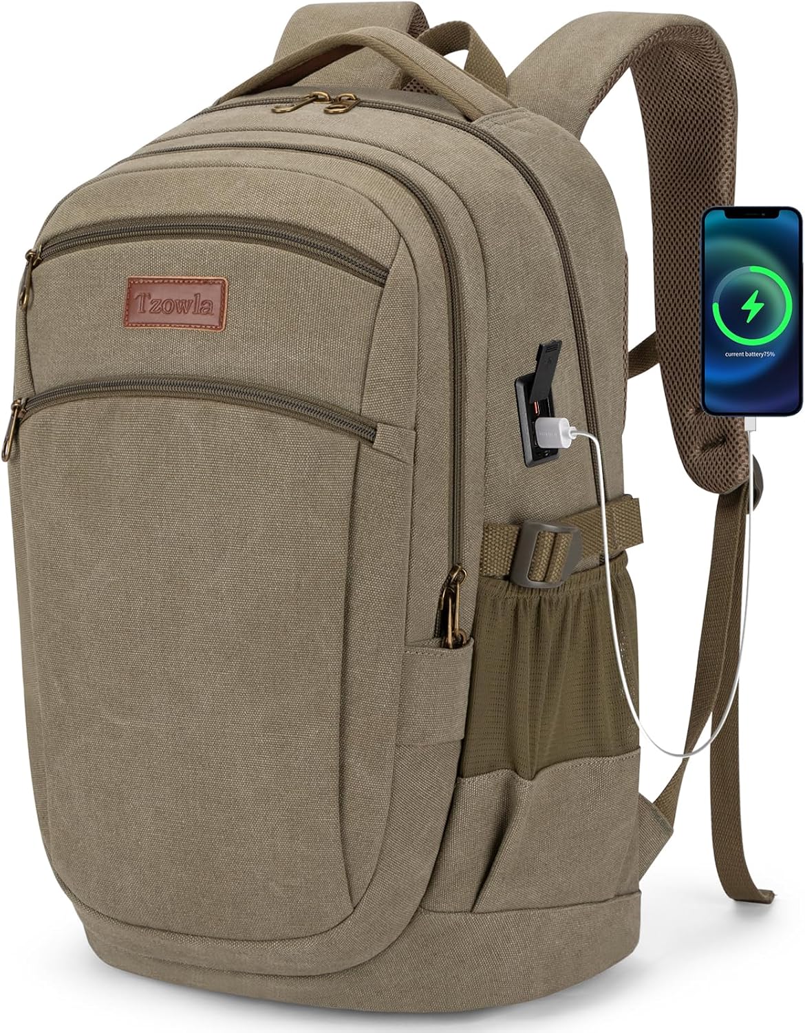 Tzowla Vintage Canvas Laptop Backpack for Men and Women,College Travel Work Rucksack with USB/Type-C Charging Port,Lightweight Bookbag Hiking Casual Daypack Backpacks Fit 15.6" Laptop(Olive Green)