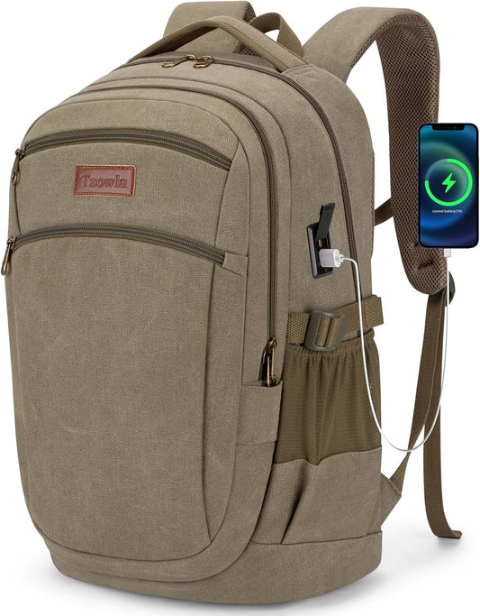 Tzowla Vintage Canvas Laptop Backpack for Men and Women,College Travel Work Rucksack with USB/Type-C Charging Port,Lightweight Bookbag Hiking Casual Daypack Backpacks Fit 15.6" Laptop(Olive Green)
