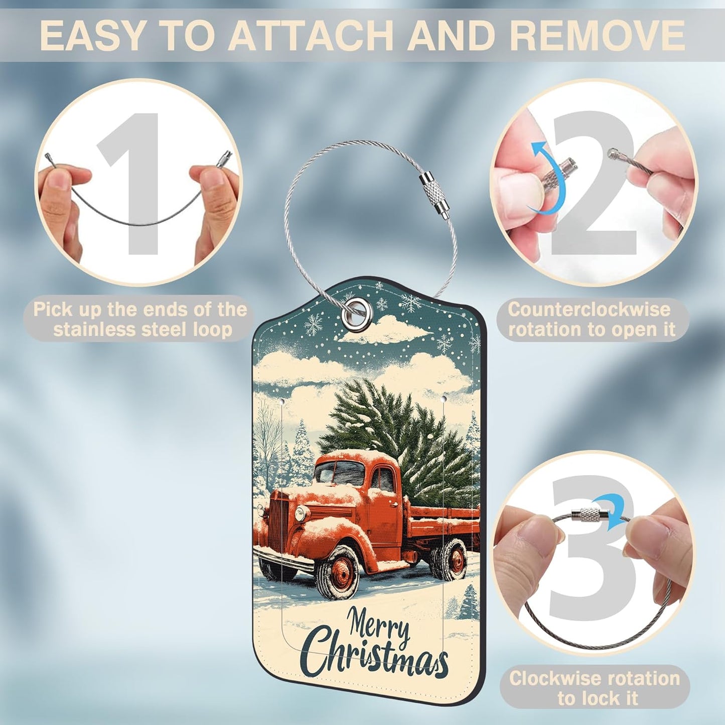 Vintage Red Truck wtih Christmas Tree Set of 2 Luggage Tags for Suitcases Leather Suitcase Tags with Privacy Name Address Label and Stainless Steel Loop for Women Men Travel Luggage Accessories