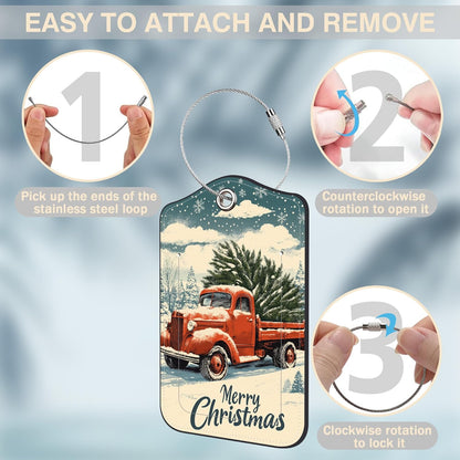 Vintage Red Truck wtih Christmas Tree Set of 2 Luggage Tags for Suitcases Leather Suitcase Tags with Privacy Name Address Label and Stainless Steel Loop for Women Men Travel Luggage Accessories