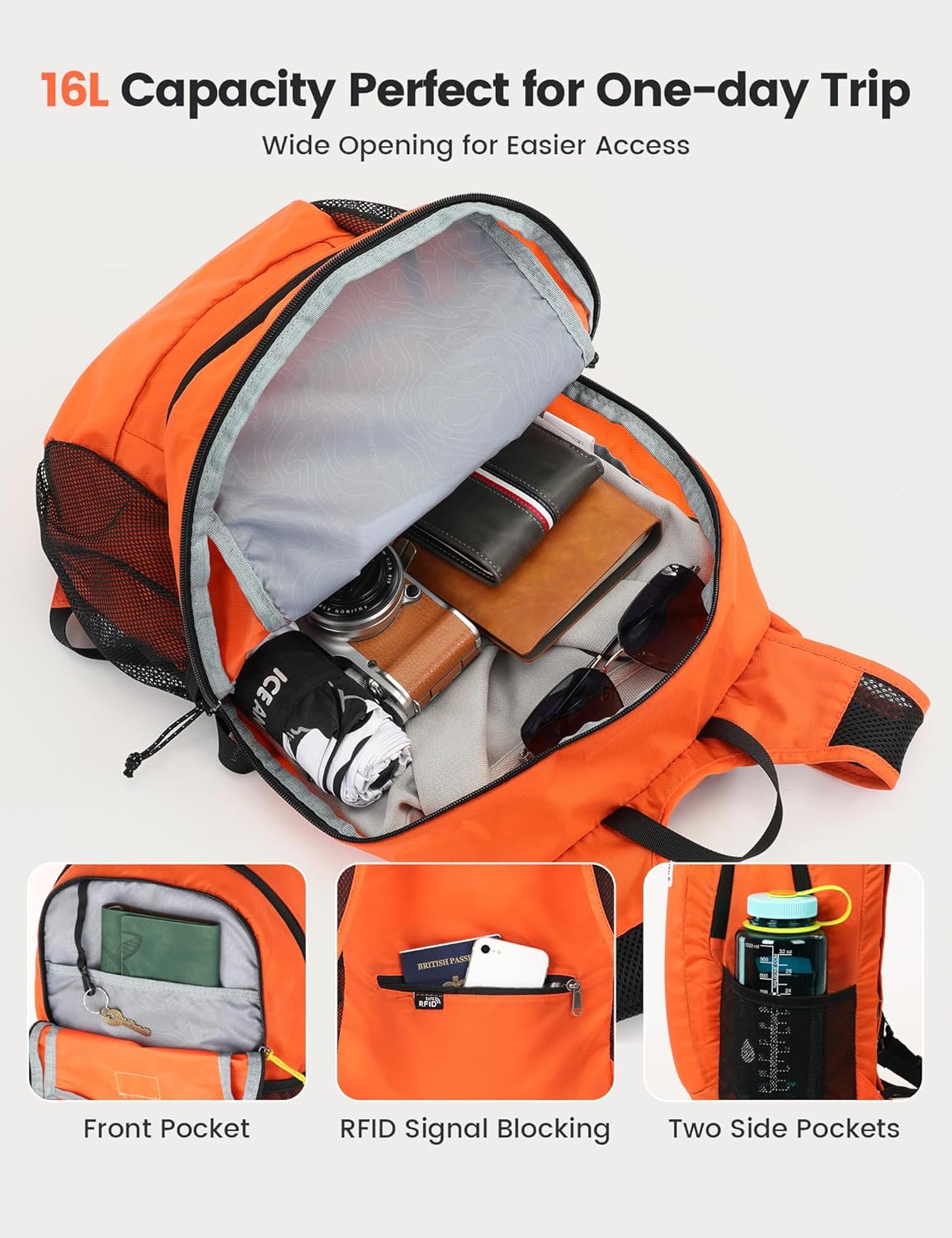 SKYSPER 16L Hiking Backpack Lightweight Small for Women Men, Foldable Packable Daypack - Travel Camping Backpack, Outdoor Hiking Bag