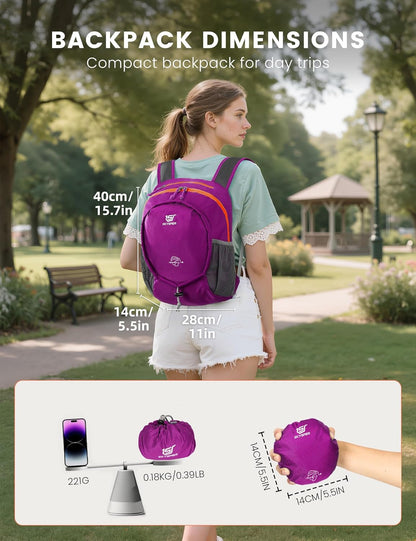 SKYSPER 15L Lightweight Small Hiking Backpack for Women Men, Foldable Travel Daypack, Packable Camping Backpack Mini Outdoor Hiking Bag (Purple)