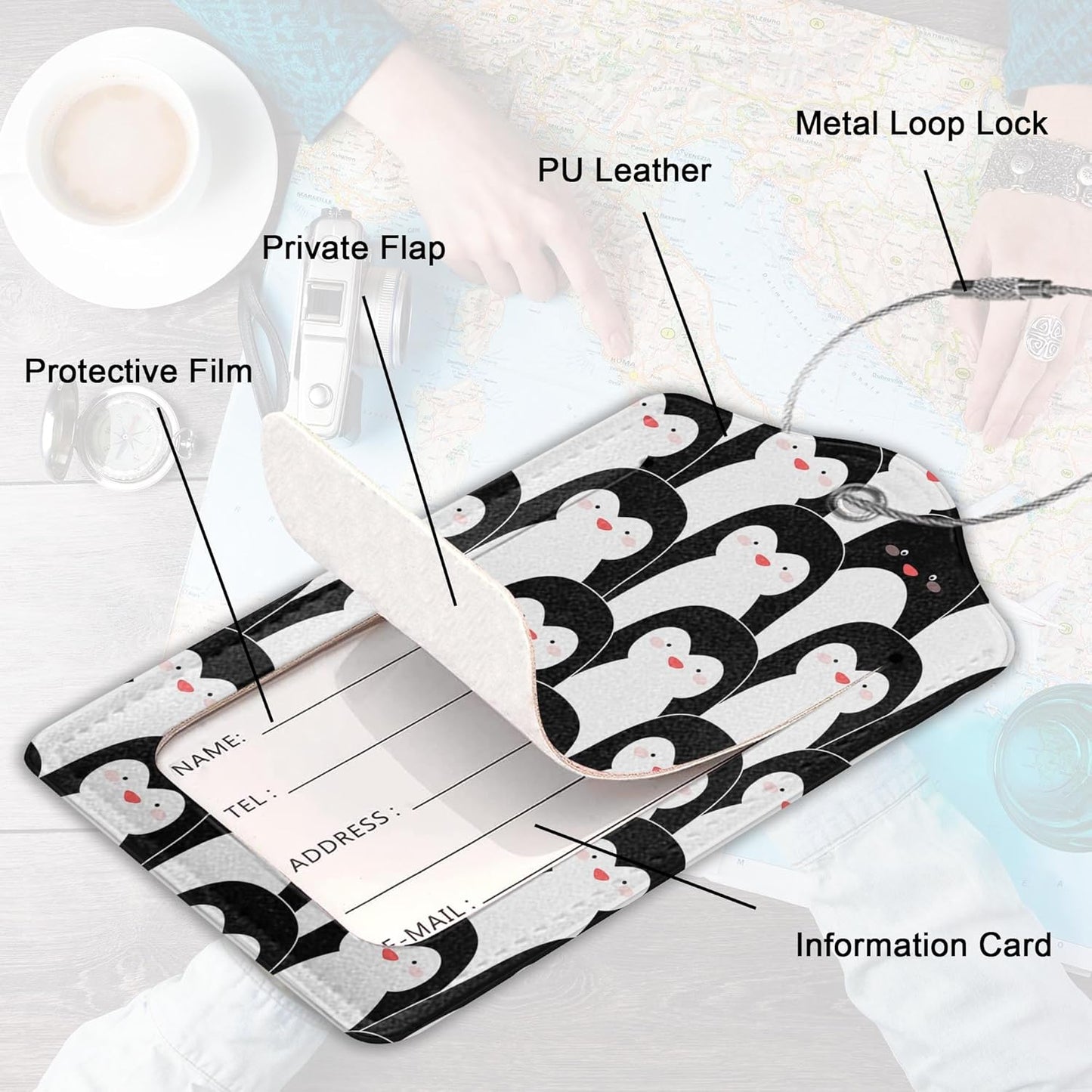 2Pcs Luggage Tag for Suitcase Penguin Animals Cute Luggage Tag with Privacy Flap & Name ID Label & Metal Loop, Travel Suitcase Tags for Women