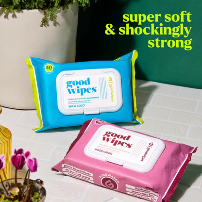goodwipes Flushable Butt Wipes - Vitamin E & Aloe - Sewer & Septic Safe - Extra Large Adult Wet Wipes For Women & Men - Bathroom Essentials - Rosewater, 318 Count (6 Packs + 1 Travel)