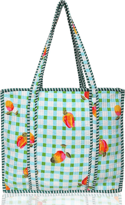 Cotton Quilted Tote Bag for Women – Large Beach & Travel Tote with Zipper, Reusable Grocery Bag