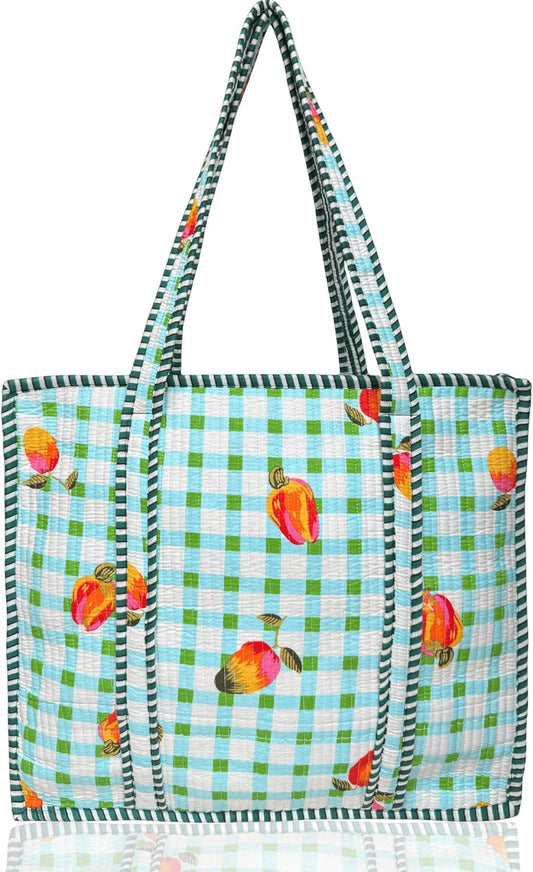 Cotton Quilted Tote Bag for Women – Large Beach & Travel Tote with Zipper, Reusable Grocery Bag