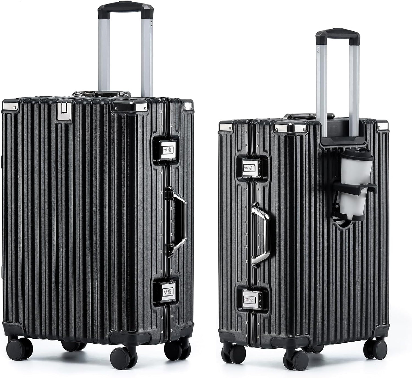 HotWay 26 Inch Aluminum Frame Luggage with Spinner Wheels, PC Hard Shell Suitcase with Cup Holder, Zipperless Luggage for Business Travel, Black