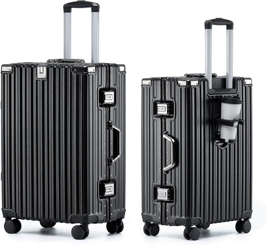 HotWay 20 Inch Aluminum Frame Carry On Luggage with Spinner Wheels, PC Hard Shell Suitcase with Cup Holder, Zipperless Luggage for Business Travel, Black