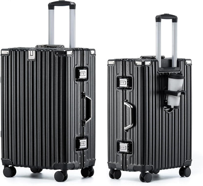 HotWay 24 Inch Aluminum Frame Luggage with Spinner Wheels, PC Hard Shell Suitcase with Cup Holder, Zipperless Luggage for Business Travel, Black