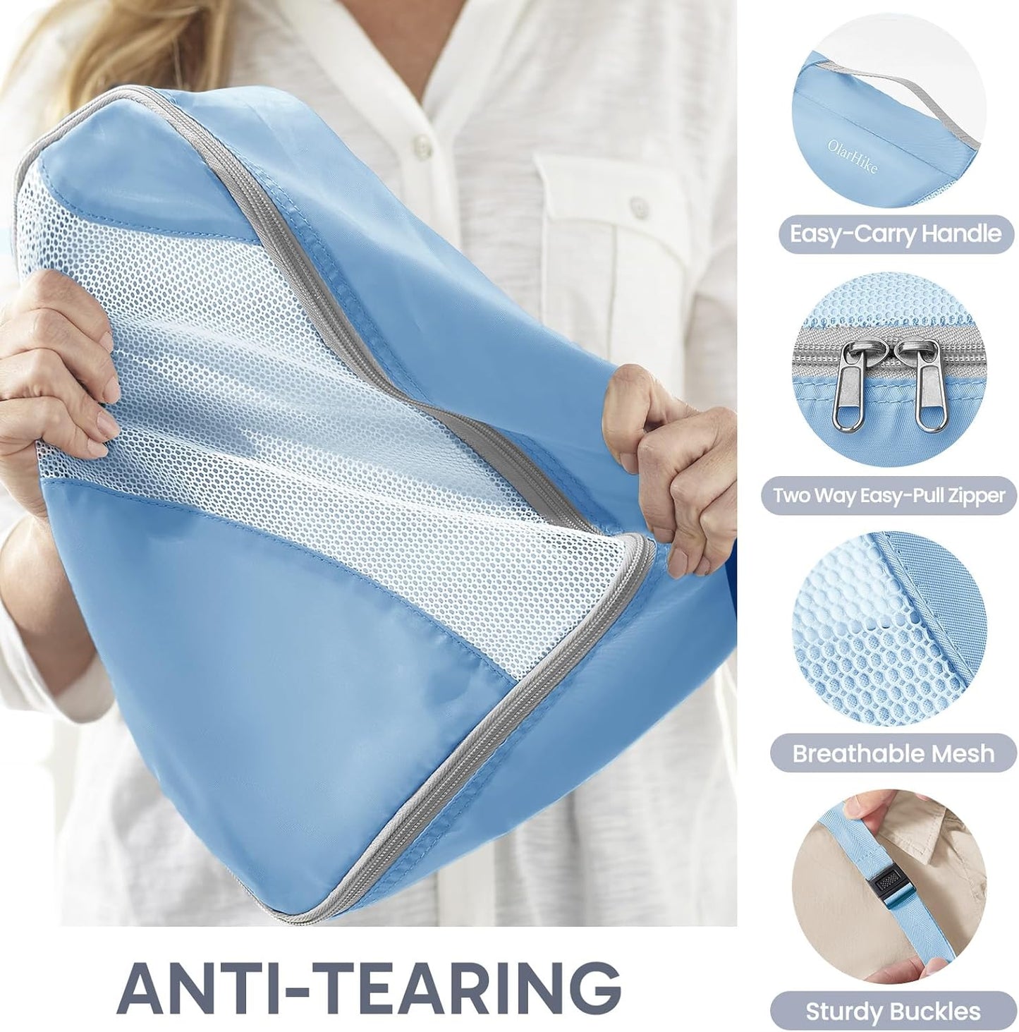 ALL INCLUDED 10 Set Durable Packing Cubes for Suitcases,OlarHike Essentials for Travel,UPGRADED Anti-Tear Stitching, NEW Improved Luggage Packing Organizers for Travel Accessories, Light Blue