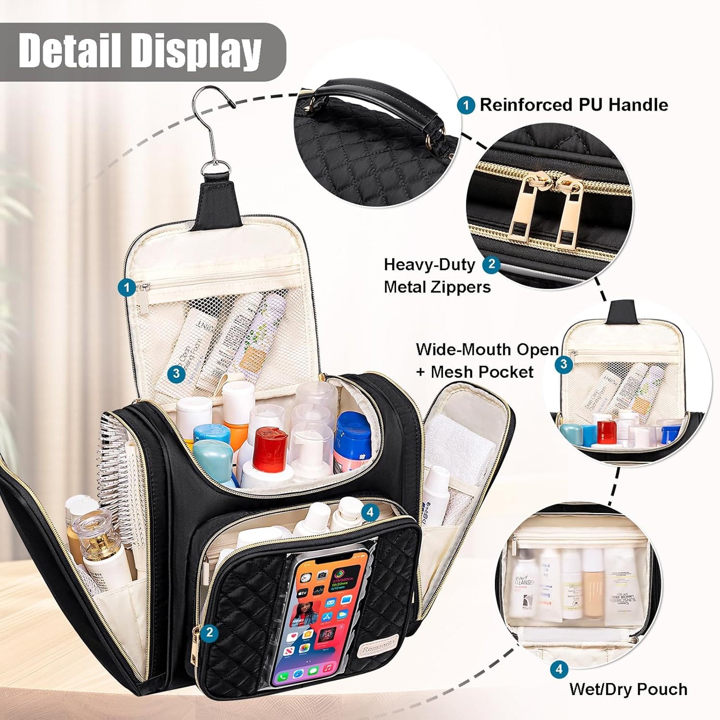 Travel Toiletry Bag for Women, Hanging Toiletry Bag, Bathroom Bag Portable Shower Caddy for College Dorm Travel Shower Bag for Women Water-Resistant Cosmetic Makeup Bag (Black)