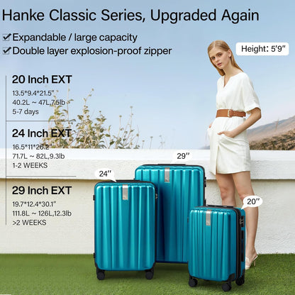 Hanke 24 Inch Expandable Checked Luggage Lightweight PC Hard Case Luggage Suitcases with Wheels Tsa Luggage Rolling Large Suitcase Travel Luggage Bag for Go to University.(Caribbean Blue)